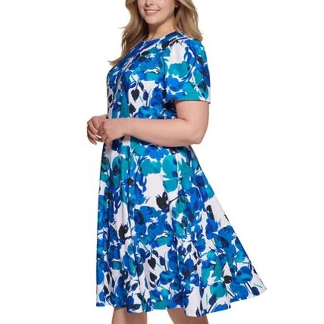 Calvin Klein Women's Floral Print Dress Blue Size 14W