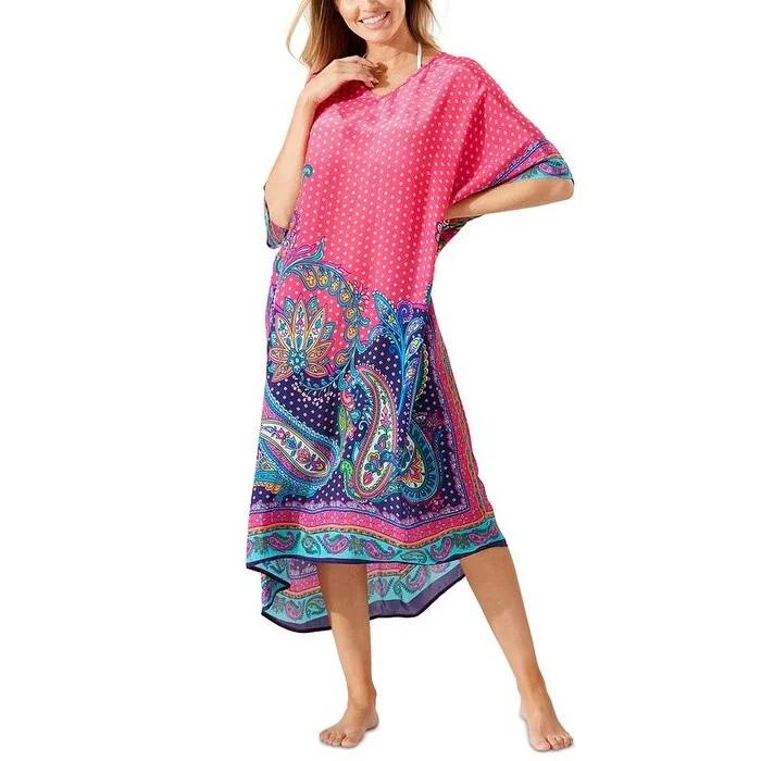 Tommy Bahama Women's Paisley Keys Print V Neck Caftan Cover Up Dress Pink Size 34X16