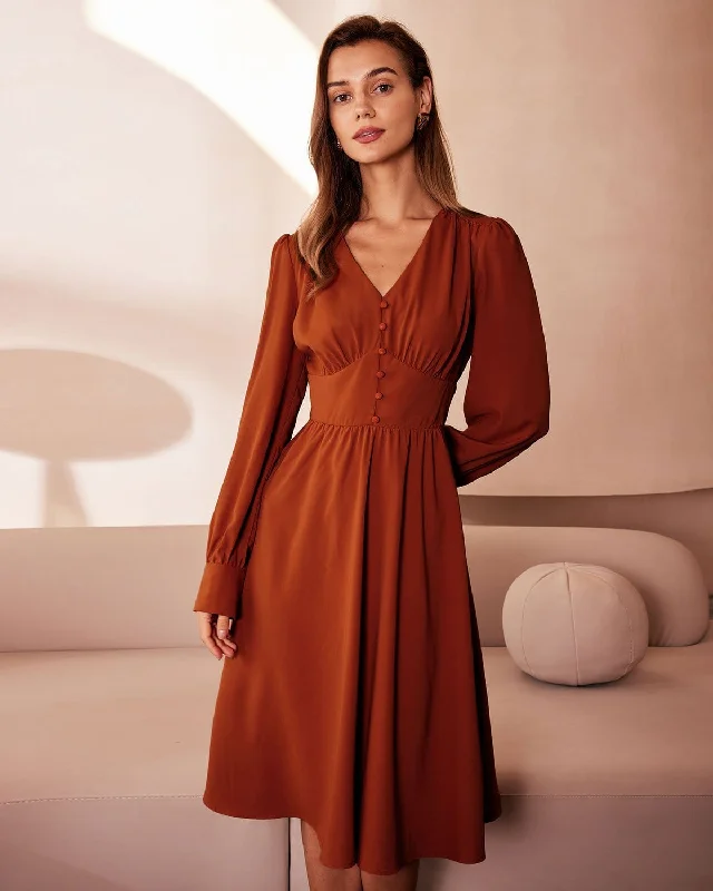 The Orange V Neck Pleated Button Midi Dress