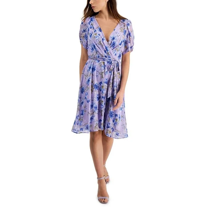 Connected Women's Printed Chiffon Twist Sleeve Fit & Flare Dress Purple Size 6