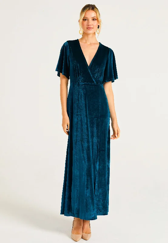 Velvet Flutter Sleeve Faux Wrap Dress With Slit in Teal