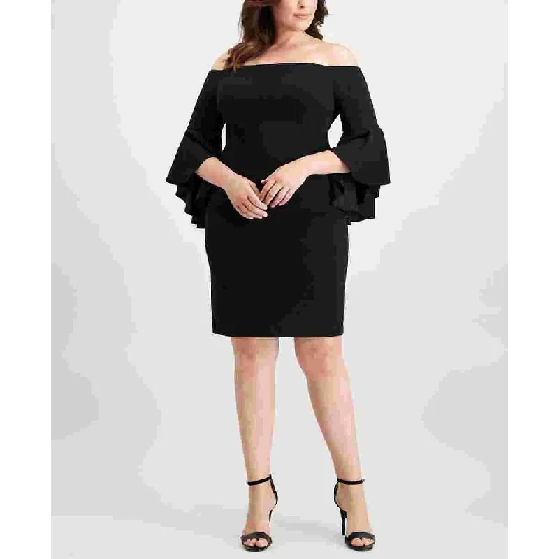 Calvin Klein Women's Zippered Bell Sleeve Off Shoulder Above The Knee Body Con Formal Dress Black Size 22W