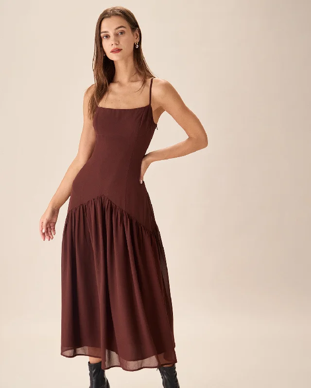 Brown Chiffon Ruched Slip Midi Dress