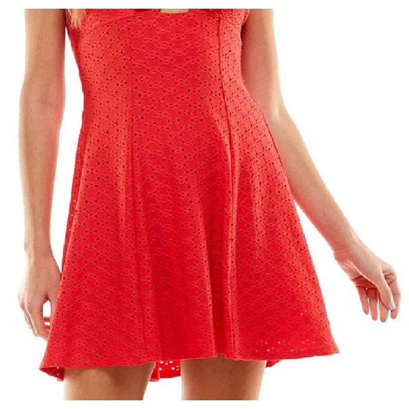 City Studios Junior's Eyelet Embroidered Bow Detail Dress Red Size Medium