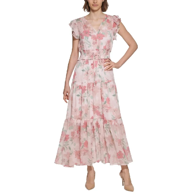 Calvin Klein Women's Floral Print Smocked Waist Tiered Maxi Dress Pink Size 4