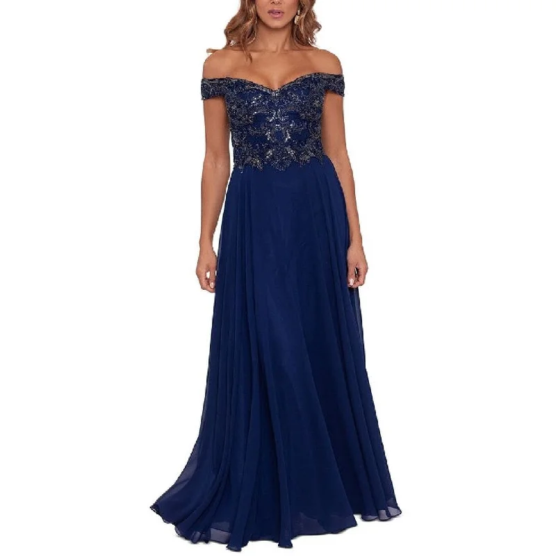 XSCAPE Women's Off The Shoulder Beaded Chiffon Gown Blue Size 16