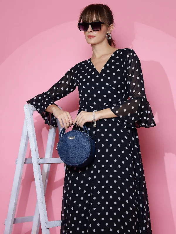 Women Polka Dot Print Georgette A-line Midi Dress