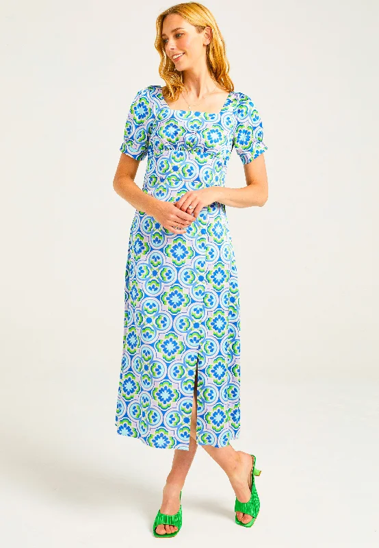 Short Sleeve Midi Tea Dress in Geometic Print