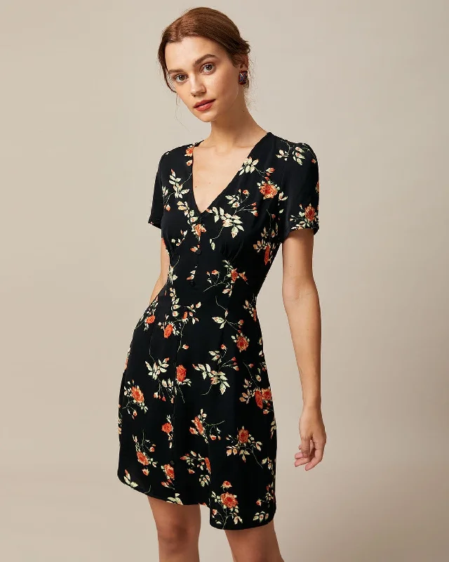 The Black V Neck Floral Button Up Mini Dress