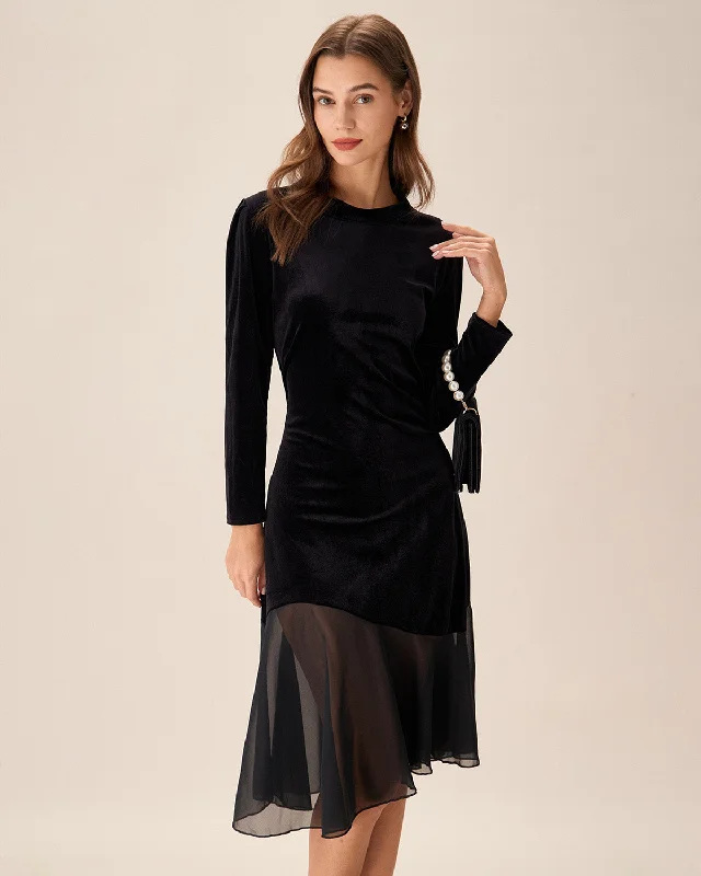 Black Contrasting Velvet Midi Dress