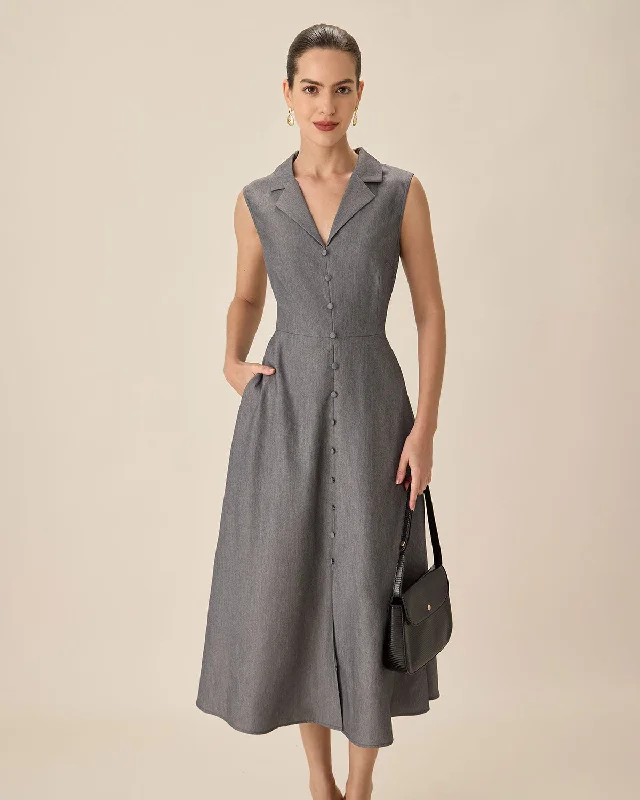 Grey V-Neck Button Midi Dress