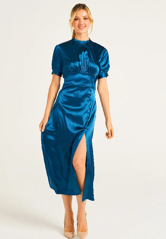 Puff Sleeve Midi Dress With Leg Slit In Teal