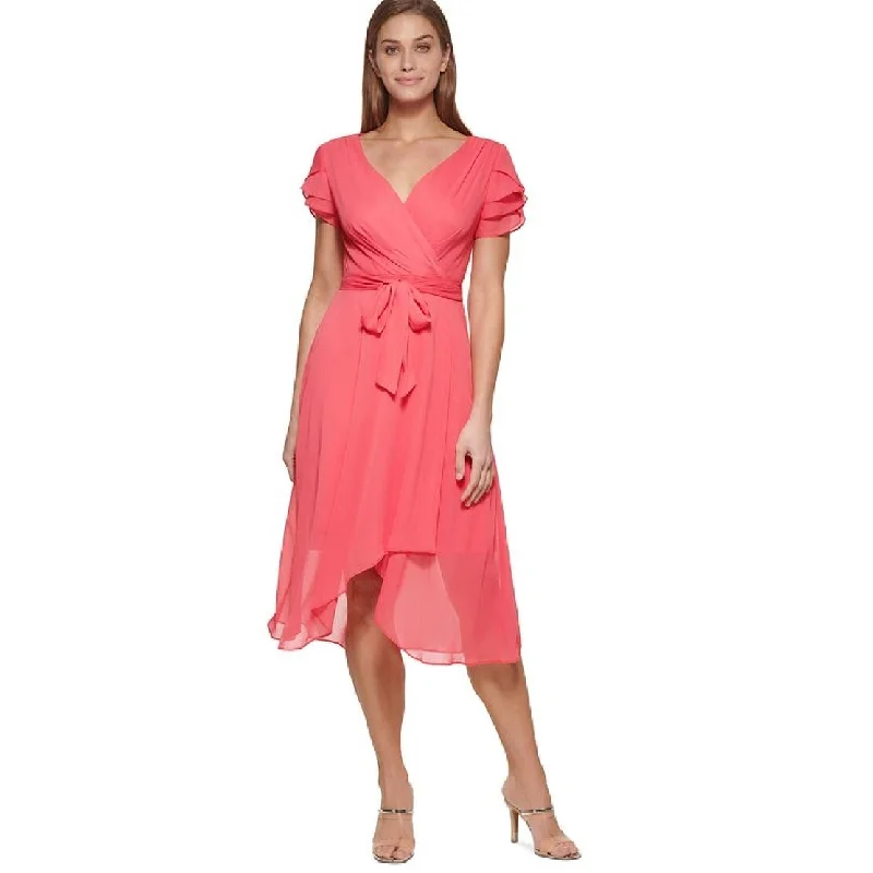 DKNY Women's Tiered Sleeve Faux Wrap Dress Red Size 16