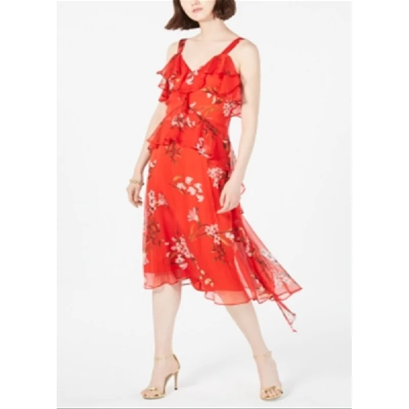 Taylor Women's Floral Print Ruffled Midi Dress Red Size 2