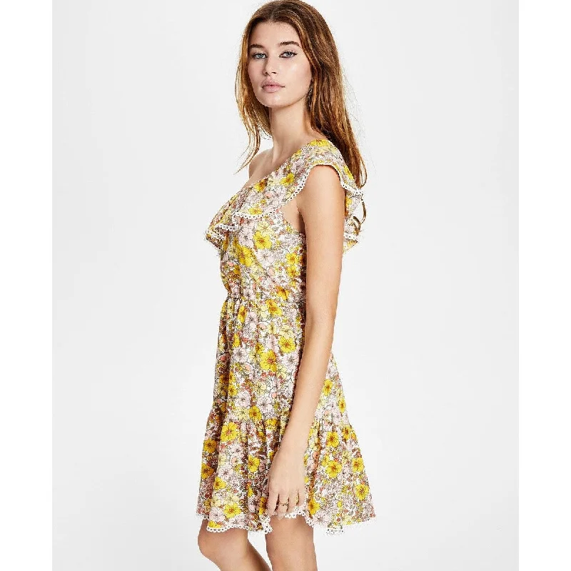 Bar Iii Women's Floral Print One Shoulder Dress Yellow Size Small