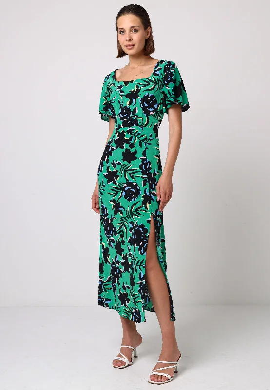 Angel Sleeves Green Midi Dress With Side Slit In Black Floral Print