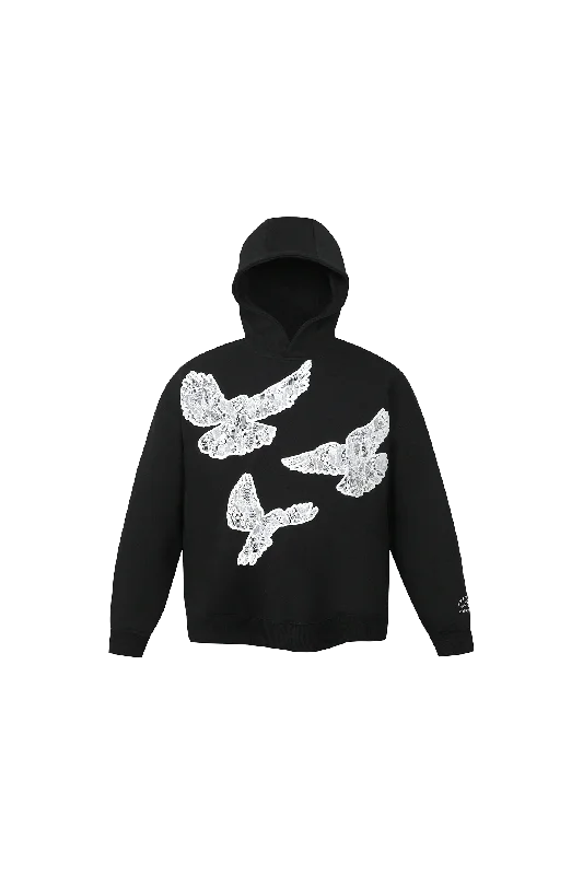 Black Printed Lace Foam Peace Dove Hoodie