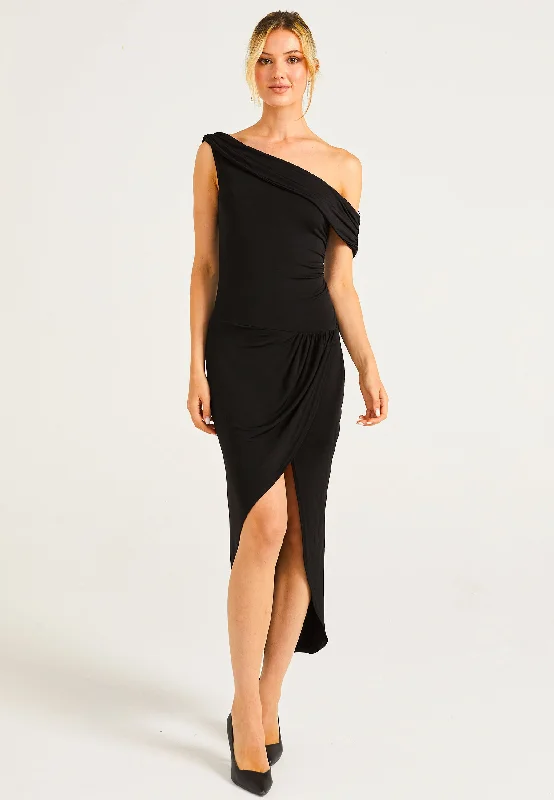 Off Shoulder Faux Wrap Dress With Leg Slit