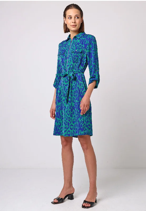 Midi Shirt Dress With Zip In Green Blue Animal Print