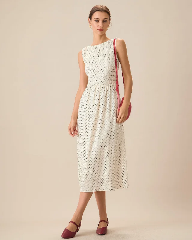 Women's Beige Polka Dot Sleeveless Midi Dress