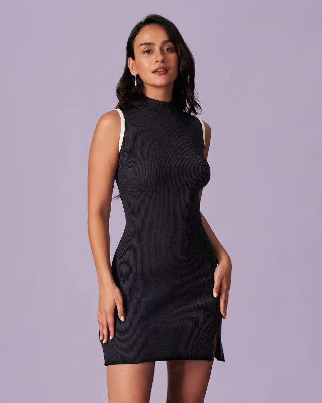 The Black Mock Neck Contrast Knit Mini Dress