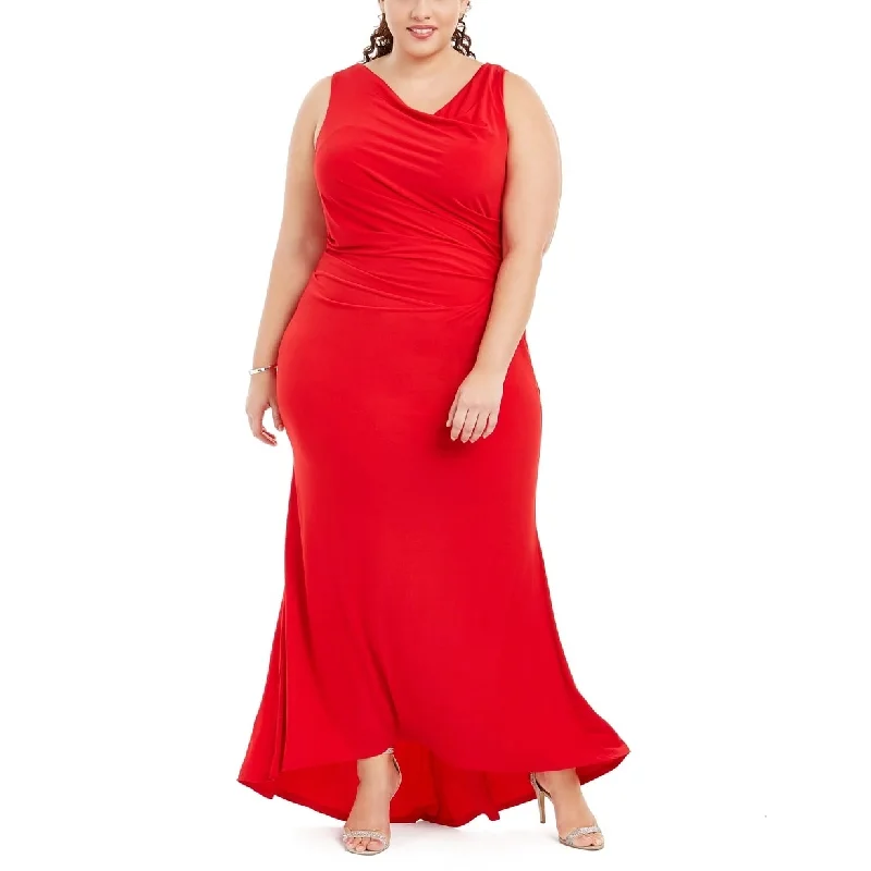 Calvin Klein Women's Ruched Sleeveless Jewel Neck Full Length Fit Flare Formal Dress Red Size 14W