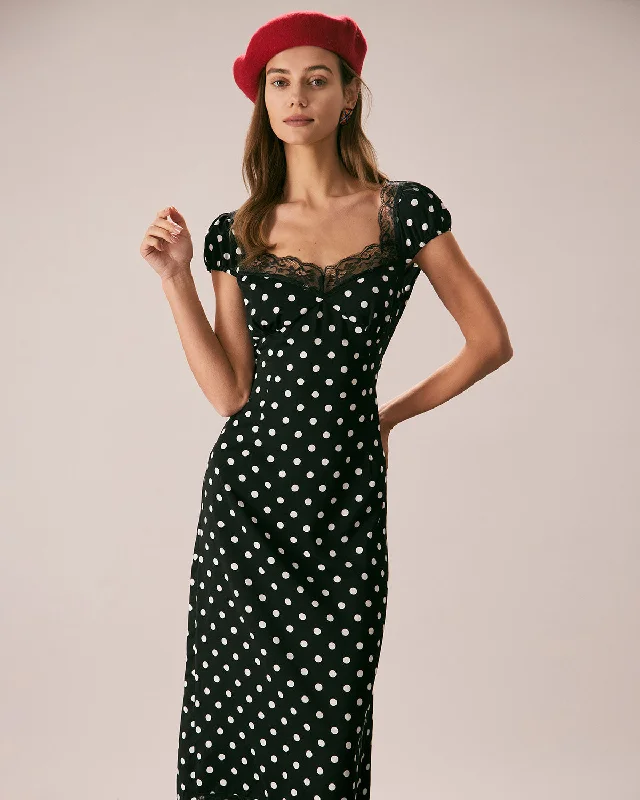 The Black Lace Trim Polka Dot Maxi Dress