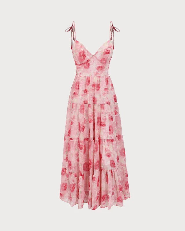 Pink Floral Tie Strap Midi Dress