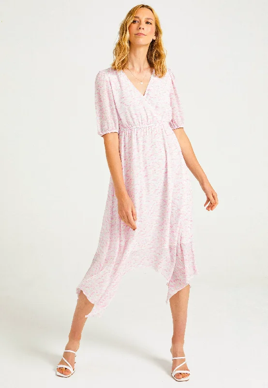 Asymmetrical Midi Dress with Faux Wrap Top in Light Pink