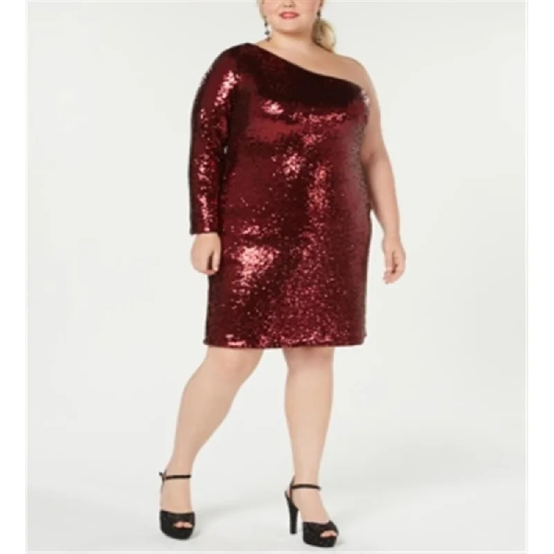 Morgan & Co. Women's Trendy Plus One Shoulder Sequined Dress Merlot Size 22W