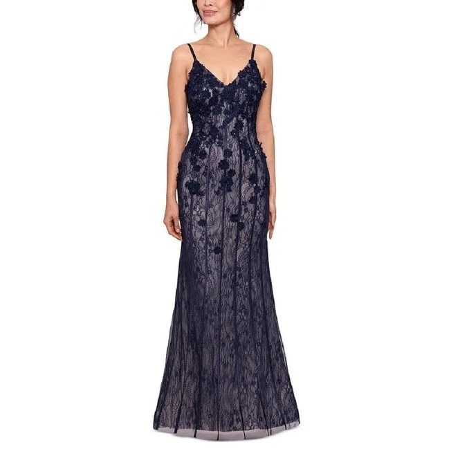 XSCAPE Women's 3D Floral Lace Trumpet Gown Blue Size 14