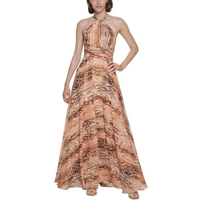 Calvin Klein Women's Snake Print Halter Gown Brown Size 16