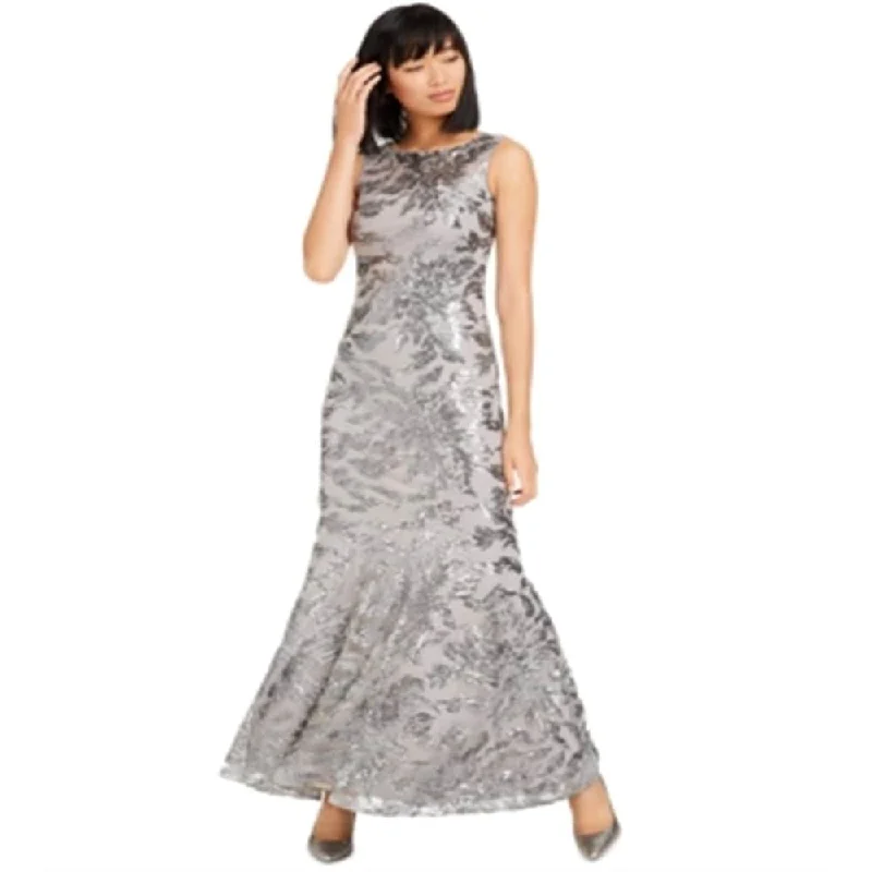 Calvin Klein Women's Sequined Sleeveless Jewel Neck Maxi Mermaid Formal Dress Gray Size 14