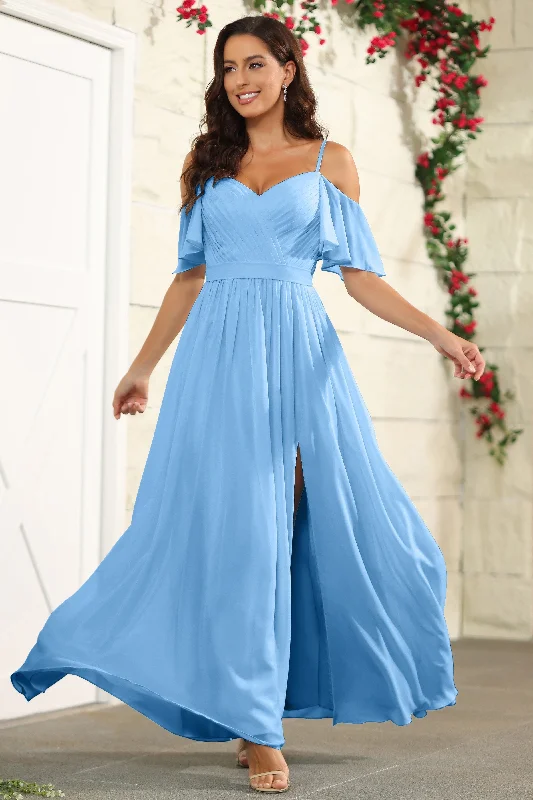 A Line Off The Shoulder Chiffon Long Bridesmaid Dress with Slit