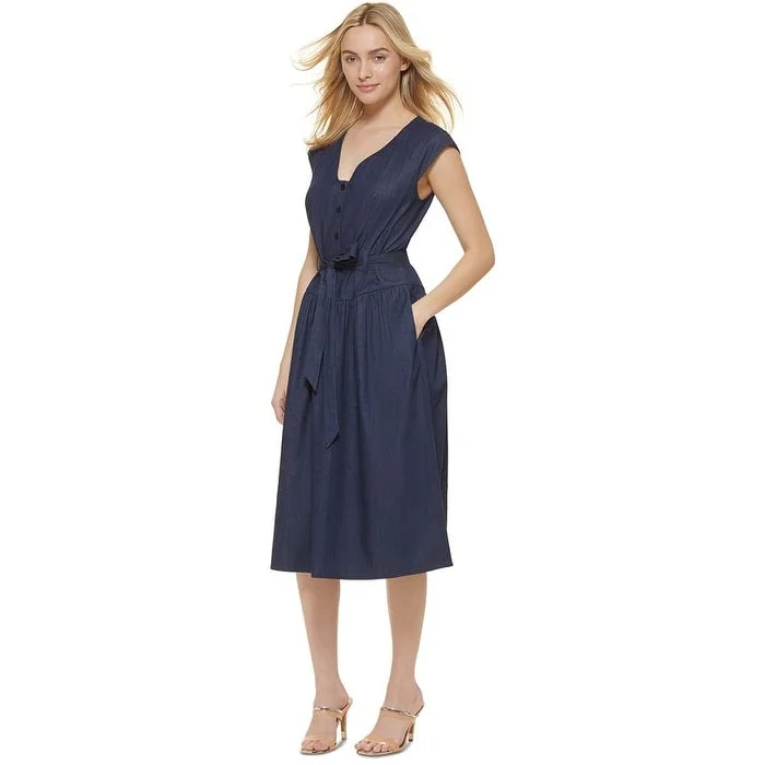 DKNY Women's Denim Cap Sleeve Tie Waist Midi Dress Blue Size 6