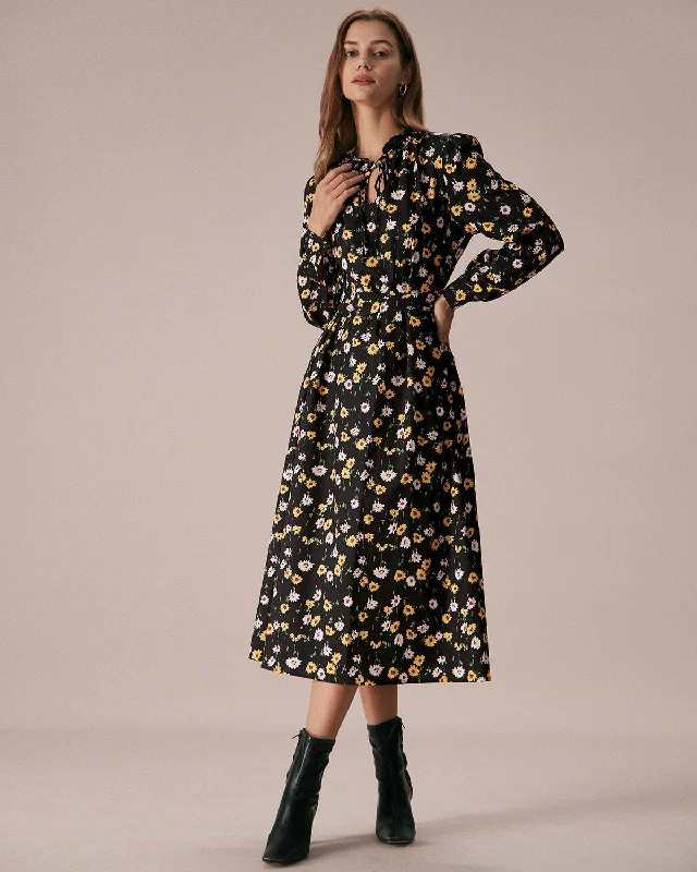 The Black Tie Neck Floral Ruched Midi Dress