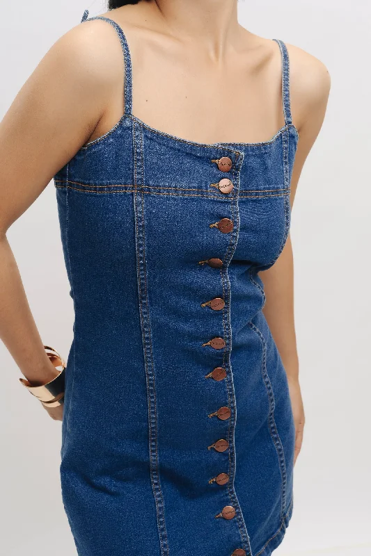 Front Buttoned Strap Denim Dress