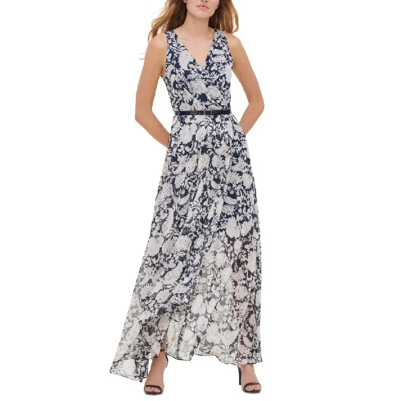 Tommy Hilfiger Women's Belted Zippered Lined Floral Sleeveless Surplice Neckline Maxi Evening Dress Blue Size 6