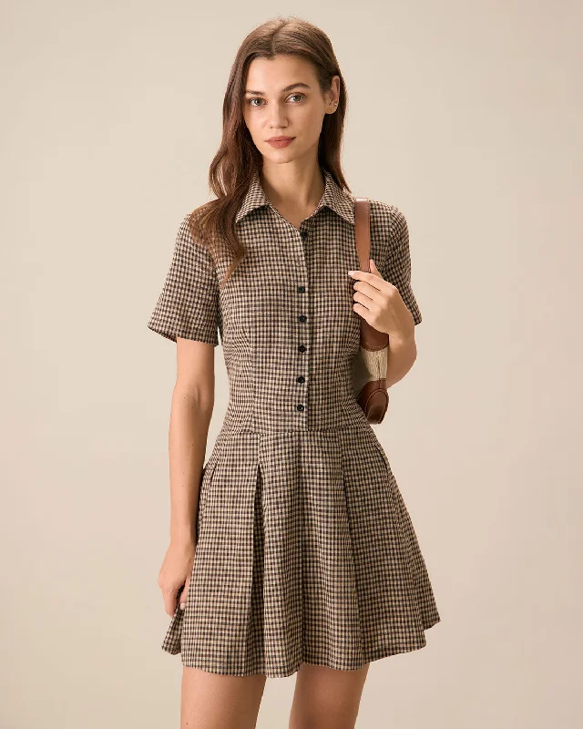 Brown Plaid Lapel Pleated Mini Dress