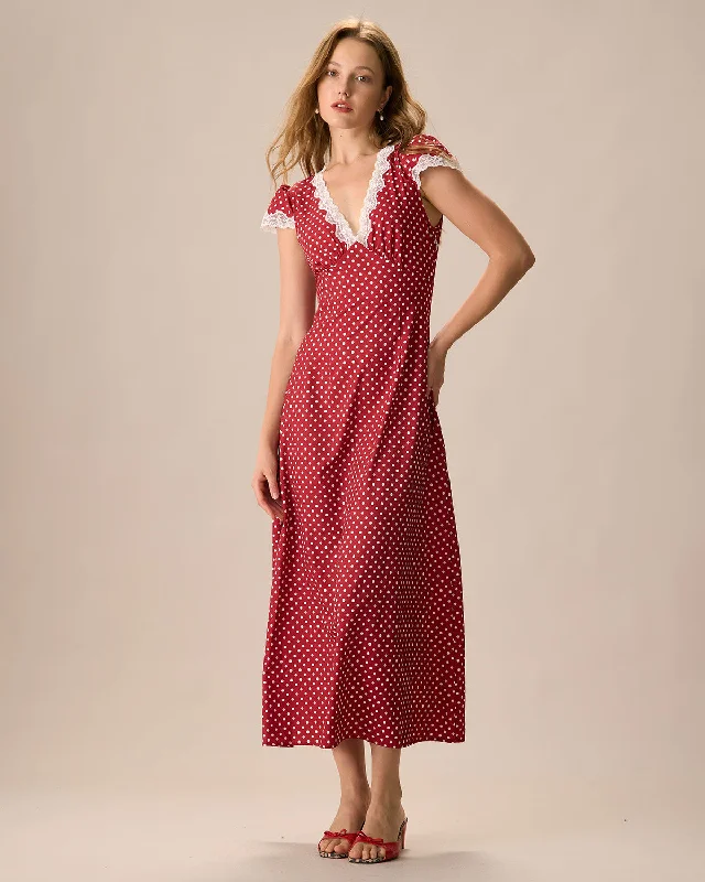 The Red V Neck Polka Dot Lace Ruched Maxi Dress