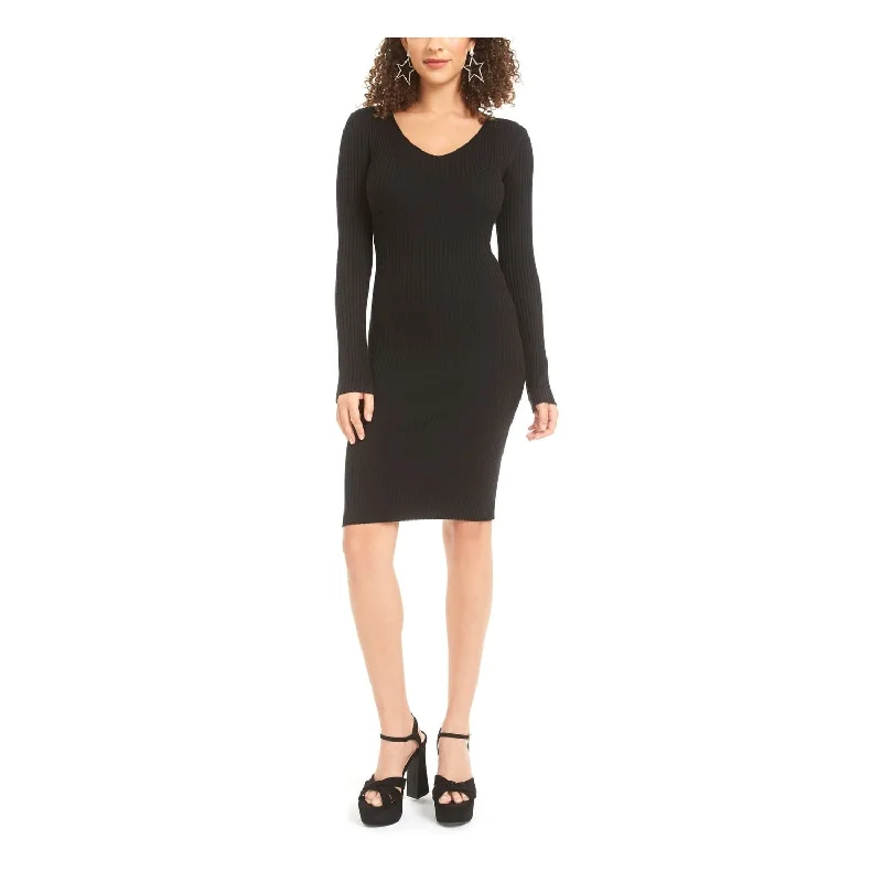 PLANET GOLD Women's Long Sleeve V Neck Knee Length Body Con Dress Black Size XXS