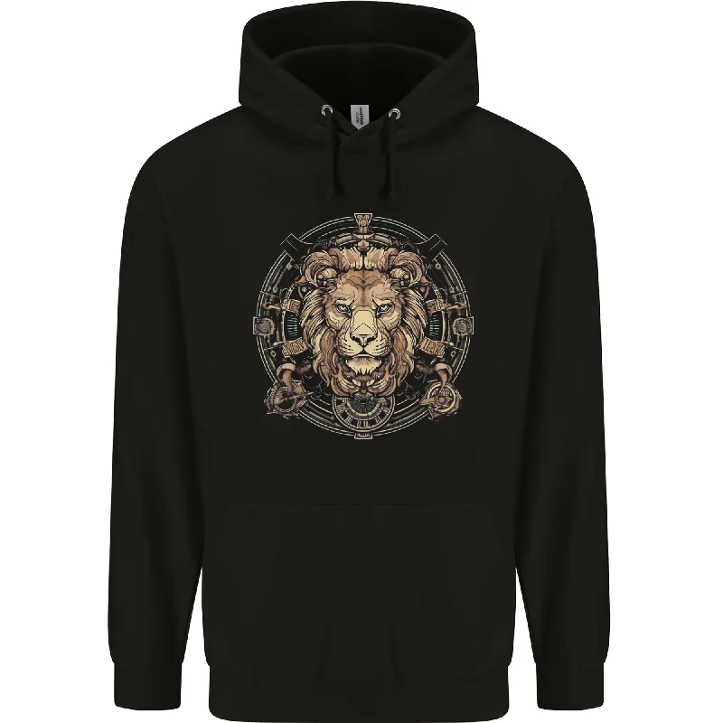 A Lions Head on a Timepiece Shield Mens 80% Cotton Hoodie