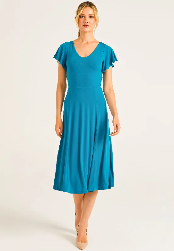 Reversible Midi Dress With Flutter Sleeves & Waist Tie In Teal