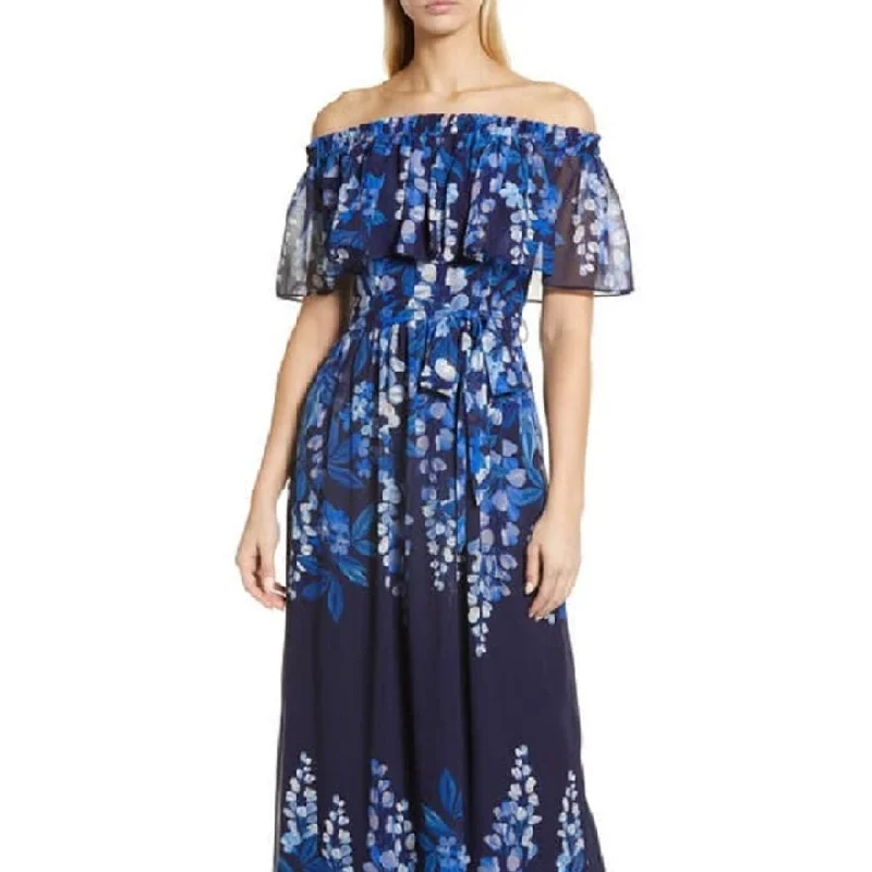 Eliza J Women's Floral Print Off The Shoulder Popover Maxi Dress Blue Size 2