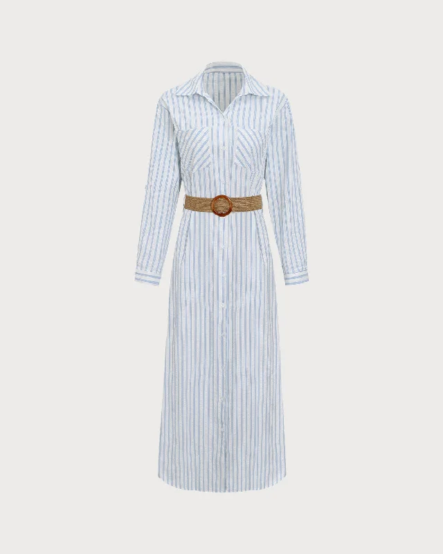 Blue Striped Belted Midi Dress