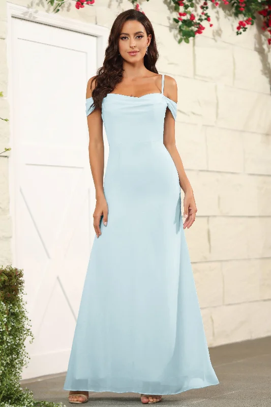 Off The Shoulder Spaghetti Straps Chiffon Bridesmaid Dress with Slit