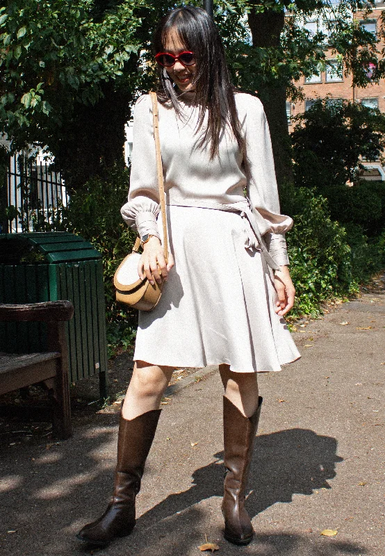 Satin High Neck Mini Dress with Tie Waist in Beige