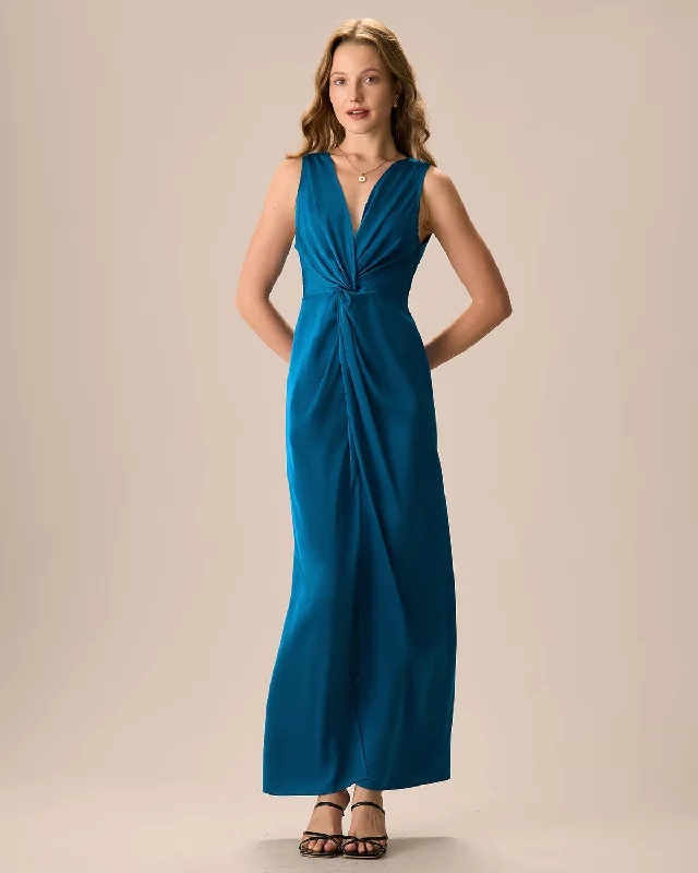 Women's Blue Twist Ruched Slit Satin Maxi Dress