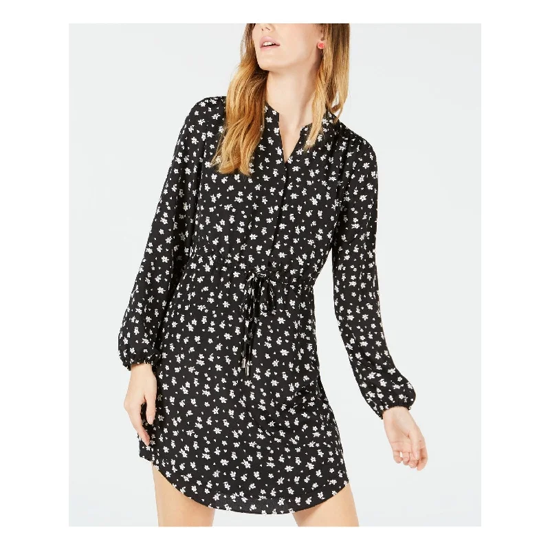 Maison Jules Women's Floral Long Sleeve V Neck Short Shift Dress Black Size XX-Small