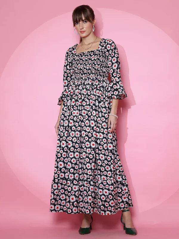 Women Floral Printed Flared Sleeve Fit and Flare Black Dress